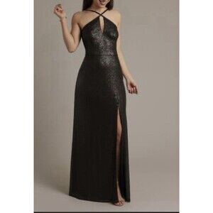 Davids Bridal Studio Black Matte Sequin Formal Gown Dress Size 8 Goth Prom Dress